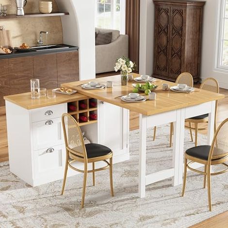 Îlot central extensible pivotant 360°, table de cuisine avec rangements, porte-bouteilles et tiroir, meuble multifonction pour salle à manger, 120 à 197 cm,Blanc (1/5)