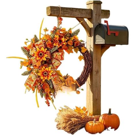 Couronne Tournesol 40cm pour Porte Entrée pour déco Couronne d'Automne en Vigne 40cm, Décoration Florale Tournesol pour Porte d'Entrée et Mur (1/5)