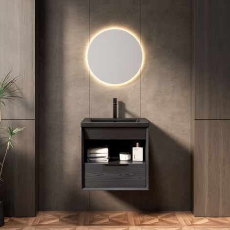Meuble vasque suspendu de 51 cm avec vasque encastrée en céramique, caisson en contreplaqué à bords biseautés avec étagère et tiroir, pré-assemblé, coloris bois noir. (1/5)