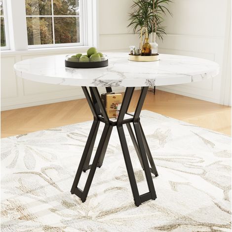 Runder Esstisch 100x100x76 cm Schwarz MDF mit Marmordekor und verstellbaren Füßen (1/5)