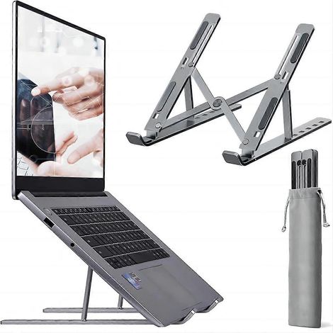 Support pour ordinateur portable gris, support de bureau réglable en hauteur sur 7 niveaux, support de refroidissement ventilé en aluminium, rehausseur pour ordinateur portable en silicone antidérapan (1/4)