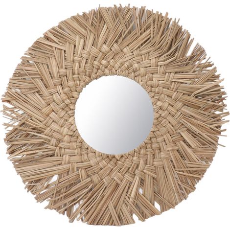 Miroir mural tissé en paille rétro, décoration naturelle pour chambre étudiante et intérieur bohème. (1/5)