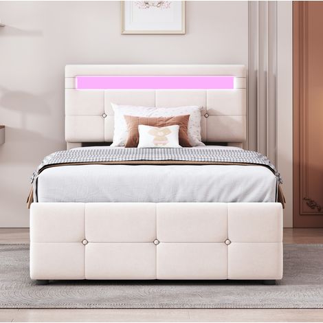 Cama infantil 90x200 cm beige tapizada con LED, almacenaje hidráulico y cabecero ajustable (1/5)