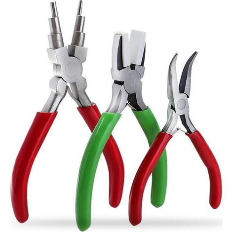 Lntyq Lot de 3 pinces à bijoux, kit pratique de réparation de collier de bijoux, outils de bricolage, pince coudée sans dents, pince à bec plat en nylon, pince à enrouler (vert + rouge + argent) (1/5)
