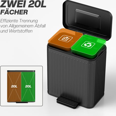 Poubelle cuisine 2 bacs 20 L, poubelle de tri sélective avec pédale, plastique et métal, noir