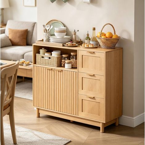 Buffet 90 x 35 x 80 cm effet bois avec tiroirs et étagères réglables (1/5)