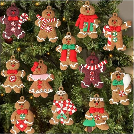 12 décorations de sapin de Noël en forme de bonhomme en pain d'épice - Décorations bonhomme en pain d'épice - Pendentifs décoratifs pour sapin de Noël - Ensemble de décorations de Noël pour enfants - (1/5)