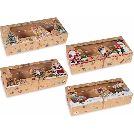 Scatole in carta kraft con stampa soggetti natalizi, finestra, cordino e tag, set da 24 pezzi, cm 30,5 x 14 x 6 H