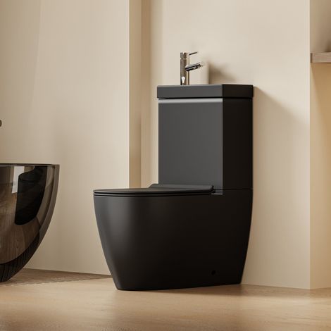 DILECI - WC à poser avec lave-mains intégré 2-en-1 sans bride sortie horizontale - Design arrondie noir LORENO (1/5)