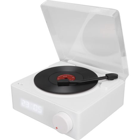Réveil Bluetooth X11 avec haut-parleur intégré, son stéréo à 360°, disque vinyle rotatif style rétro, alimentation CC 5V 1A, blanc