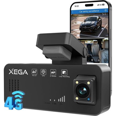 XEGA Dashcam Voiture 4G 2K avec Carte SIM, Caméra Double Objectif Avant et Habitacle, GPS Localisation, Détection Mouvement Collision, Mode Parking (1/5)