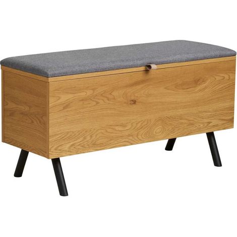 Banc coffre en mélaminé aspect chêne clair assise en tissu polyester gris - VALTIS (1/5)