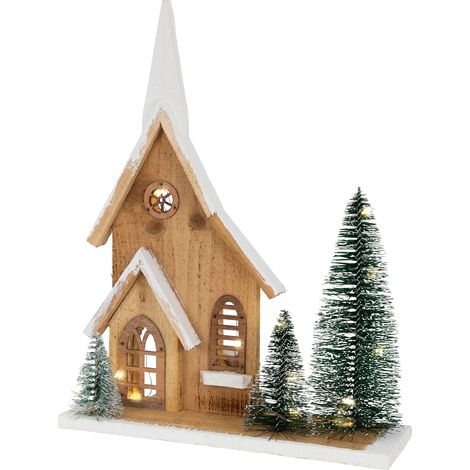 ECD Germany Holz-Weihnachtshaus mit LED-Beleuchtung, Warmweiß, 28x9x34 cm, batteriebetrieben, Timer, Deko Holzhaus 3 Tannen, Dekorative Winterhaus beschneit, Weihnachtsdeko Innen, Weihnachtsdekoration (1/5)