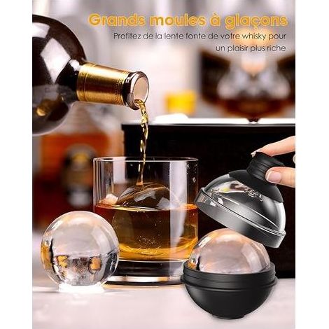 Grand moule à glaçons en silicone pour whisky - Ensemble de 6 avec couvercle entonnoir 2-en-1 - Moules à glaçons ronds de 6 cm pour cocktails Bourbon - Démoulage facile - Parfaitement rond