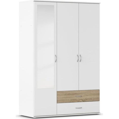Armoire à 3 Portes battantes, 2 tiroirs et Miroir avec Pack d’Accessoires Basique (1 Tringle à vêtements, 3 tablettes) Blanc/chêne Sonoma Dimensions (l x H x P) 127 x 188 x 52 cm (1/5)