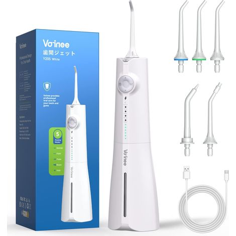 Jet Dentaire Hydropulseur Jet Dentaire Portable 5 Modes 5 Buses de Rechange 6 Pressions Réglables Irrigateur Oral Réservoir 230ml IPX7 étanche rechargeable de Voyage Blanc (1/5)
