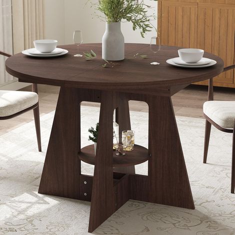 GARVEE - Table Ronde 120 cm – MDF Bois Résistant Rayures, Pieds en X avec Rangement, Salle à Manger pour 4-6 Personnes, GARVEE Table à Manger pour Cuisine & Salle(Noyer) (1/5)