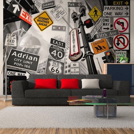 Papier peint panneaux de signalisation à new york fonds en nb - 350 x 270 cm (1/4)