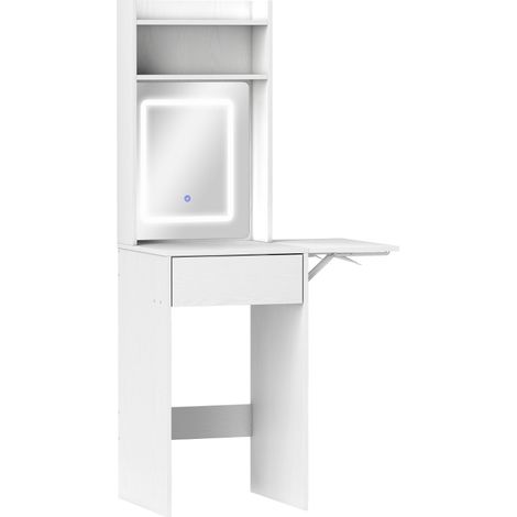 Small Vanity Desk with Mirror and LED Lights, Compact Dressing Table with Drop Leaf, Open Shelves and Drawer, White