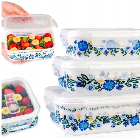 Set aus 3 rechteckigen Glasbehältern (Fassungsvermögen 400, 650, 1000 ml) mit blauem Blumenmuster