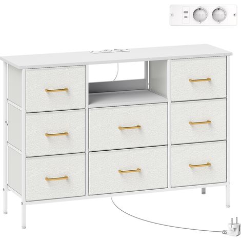 Commode 8 tiroirs en tissu bouclette crème, meuble de rangement avec 2 prises électriques, structure acier 110x30x76cm (1/5)