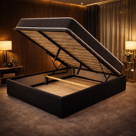 Ensemble Lit Coffre et Matelas 120x190 cm - Couleur : Noir - Sommier Relevable avec Grand Coffre de Rangement et Vérins Hydrauliques - Matelas Latex Accueil Moelleux Soutien Ferme - Lit Coffre Déhouss (1/5)