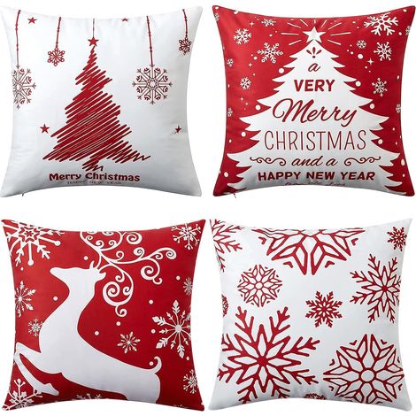 Fundas de almohada navideñas rojas de 45 x 45 cm, juego de 4, decoradas con renos y copos de nieve, para sofá, decoración navideña e invernal. (1/5)
