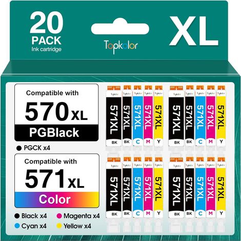 570 571 XL Cartouche d'encre Compatibles pour Cartouche Canon 571 pour imprimante Canon MG5750 pour PIXMA TS5050 MG5750 TS5053 MG6852 MG6850 MG5700 MG5752 MG5753(20 Pack) (1/5)