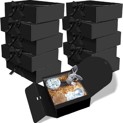 Lot de 10 boîtes cadeaux noires avec ruban – Boîte d'emballage cadeau – Cadeau de fêtes – Boîte de rangement – ​​16,5 x 16,5 x 5 cm (1/5)