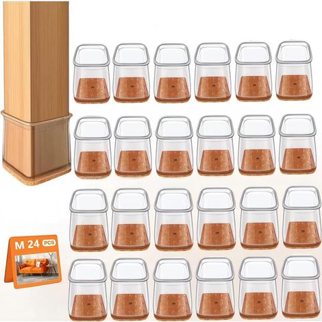 Capuchons de protection pour pieds de chaise en forme carrée - Lot de 24 pièces (Convient pour : 19-26 mm), Protège-pieds de chaise en silicone transparent avec feutre, Protections pour pieds de (1/5)