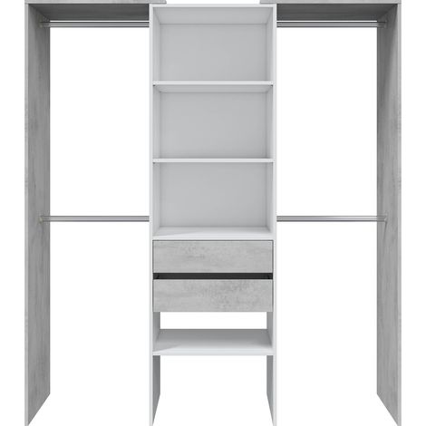 Pegane – Armoire dressing en bois blanc mat et gris ciment – 4 étagères, 2 tiroirs avec rails métalliques – Hauteur 202 cm, Longueur 179 cm, Profondeur 50 cm (1/5)