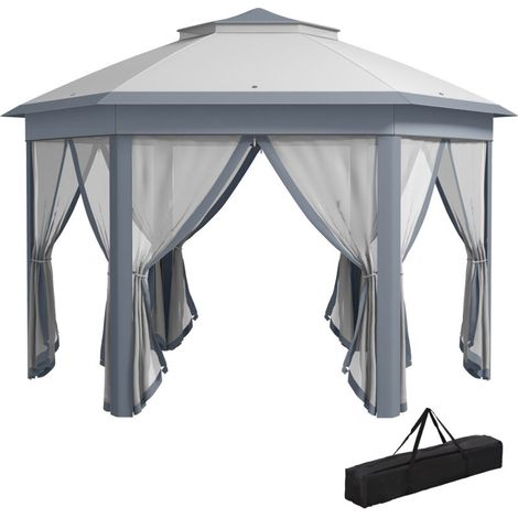 Allauve – Pavillon hexagonal 4x4m – Toit ventilé – Moustiquaires amovibles – Toile imperméable gris/blanc – Hauteur sous gouttière 285cm