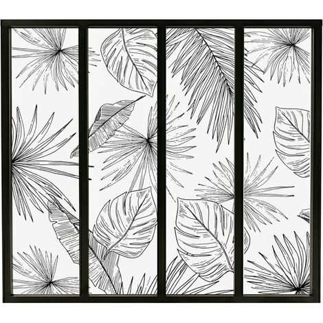 Verrière atelier intérieure aluminium noir 4 vitrages 135 x 117 cm - Décor végétal - Lamnar Noir - noir et transparent - Verre trempé (1/5)