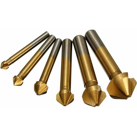 Jeu de 6 Pcs Fraise à Chanfreiner HSS Revêtement Titane Flûte Foret Conique Ebavurer Chanfreinage 90 Degrés Cutter Bits Set, Ensoleillé (1/5)