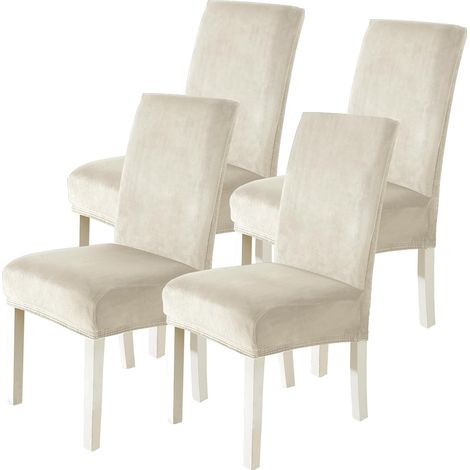 Juego de 4 fundas de terciopelo para sillas, funda elástica universal para sillas de comedor, funda protectora gruesa para sillas de hotel, restaurante, banquetes y cocina, color beige. (1/5)