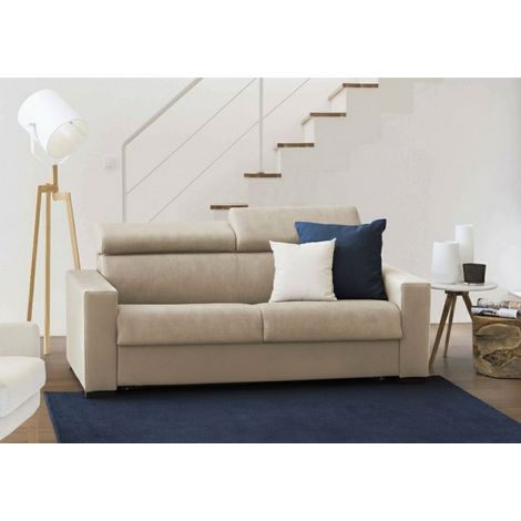Dmora - Sofá fijo Dkalul, Gran Sofá de 2 plazas, 100% Made in Italy, Sofá Sala de estar, en tela acolchada, con reposacabezas ajustable y reposabrazos estándar, Cm 200x95h85, Beige (1/4)