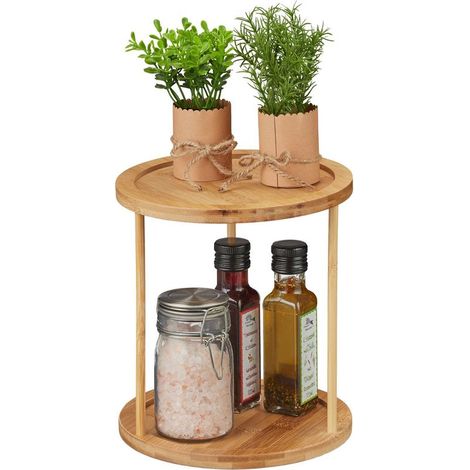Relaxdays Rangement épices bambou, plan de travail et placards cuisine, rond, 2 étagères, H x D : 22,5 x 20 cm, nature (1/5)