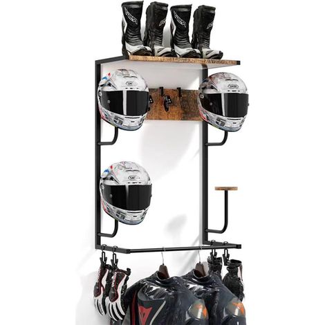 Platzsparender Wandhalter für Motorradhelme 4 verstellbare Helmständer, 4 Haken & 4 Handschuhclips Schwerlast-Eisen & Holz-Gear-Organizer Schwarz (1/5)