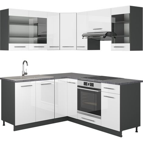 Vicco – Cucina angolare completa Fame-Line 160 x 190 cm – Bianco lucido/antracite – Pannello truciolare 16 mm – Rivestimento in resina melaminica (1/5)