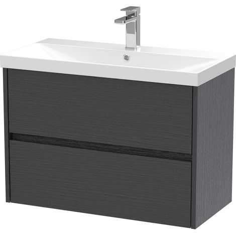 Chartley Contemporary 2 Drawer Wall Hung Vanity Unit with Thin Edge Basin, Graphite Grey Woodgrain, 800mm