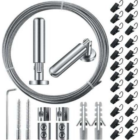 Tringle à rideau en fil métallique de 5 m (196 pouces) avec 24 clips réglables pour rideaux, décoration murale, photo, artisanat, fenêtre (1 ensemble) (1/5)
