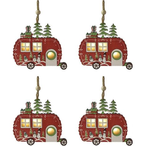 Lot de 4 suspensions de Noël en bois avec lumières LED, en forme d'étoile, de sapin ou de voiture. Décorations lumineuses à suspendre au sapin. (1/5)