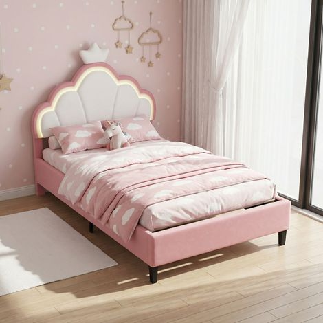 Letto singolo 90x200, illuminazione LED, letto per bambini, testiera regolabile a forma di corona, rivestimento in velluto, stile moderno principessa(90x200cm, bianco+rosa)