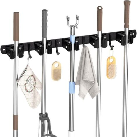 Besenhalter zur Wandmontage, 5 Besenhalter zur Wandmontage und 4 schwarze Haken, Besenhalter mit Bohren oder Kleben ohne Bohren, Organizer für Badezimmer, Garage, Gartengeräte, Küche (1/4)