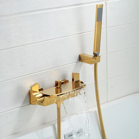 Miscelatore da vasca a cascata montato a parete S-giant, rubinetto da bagno con doccino e miscelatore termostatico (Colore Oro B) (1/5)