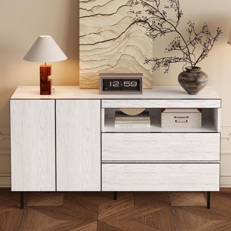 Credenza da soggiorno 140x42x77 cm, madia moderna contenitore per sala da pranzo e cucina, con 2 ante, 2 cassetti e ripiani a giorno, Bianco (1/5)