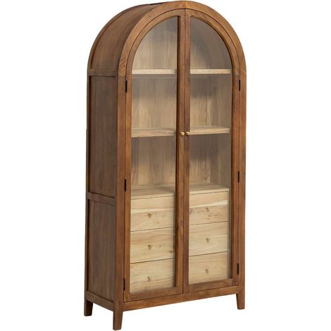 Made In Meubles – Vitrine en bois d'acacia massif 190x90x40 cm – 2 portes vitrées – 6 tiroirs – Design arrondi pour intérieur naturel (1/5)