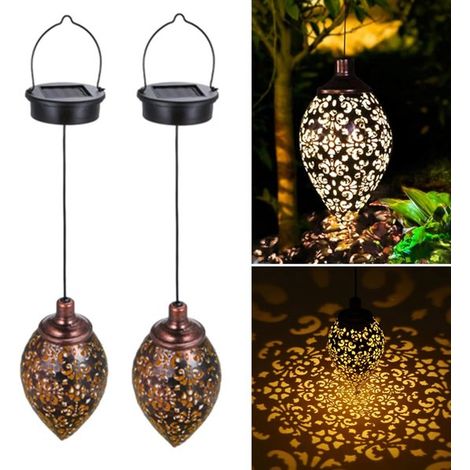 Farol colgante oriental (2 unidades), Iluminación solar para jardín, Iluminación LED exterior con sensor día/noche, Farol de jardín, Bronce (1/5)