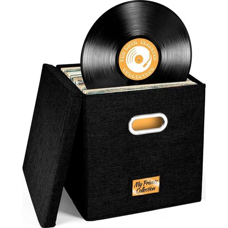 Boîte de rangement décorative pour disques vinyles - Rangement pour plus de 50 disques LP, bacs de rangement avec couvercle, boîte de déménagement pour disques vinyles, caisse de rangement pour protég (1/5)