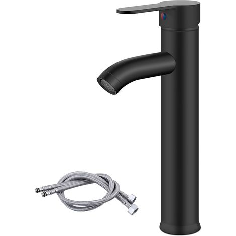 Grifo monomando para lavabo de baño, negro mate, caño alto, un solo orificio, diseño moderno, construcción en latón macizo.